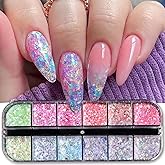12 Colors Mermaid Nail Art Glitter Sequins Iridescent Ice Slag Nail Glitter Flakes Ultra Thin Nail Art Designs 3D Holographic Nail Sequins for Nail Art Supplies Manicure Decoration Accessories