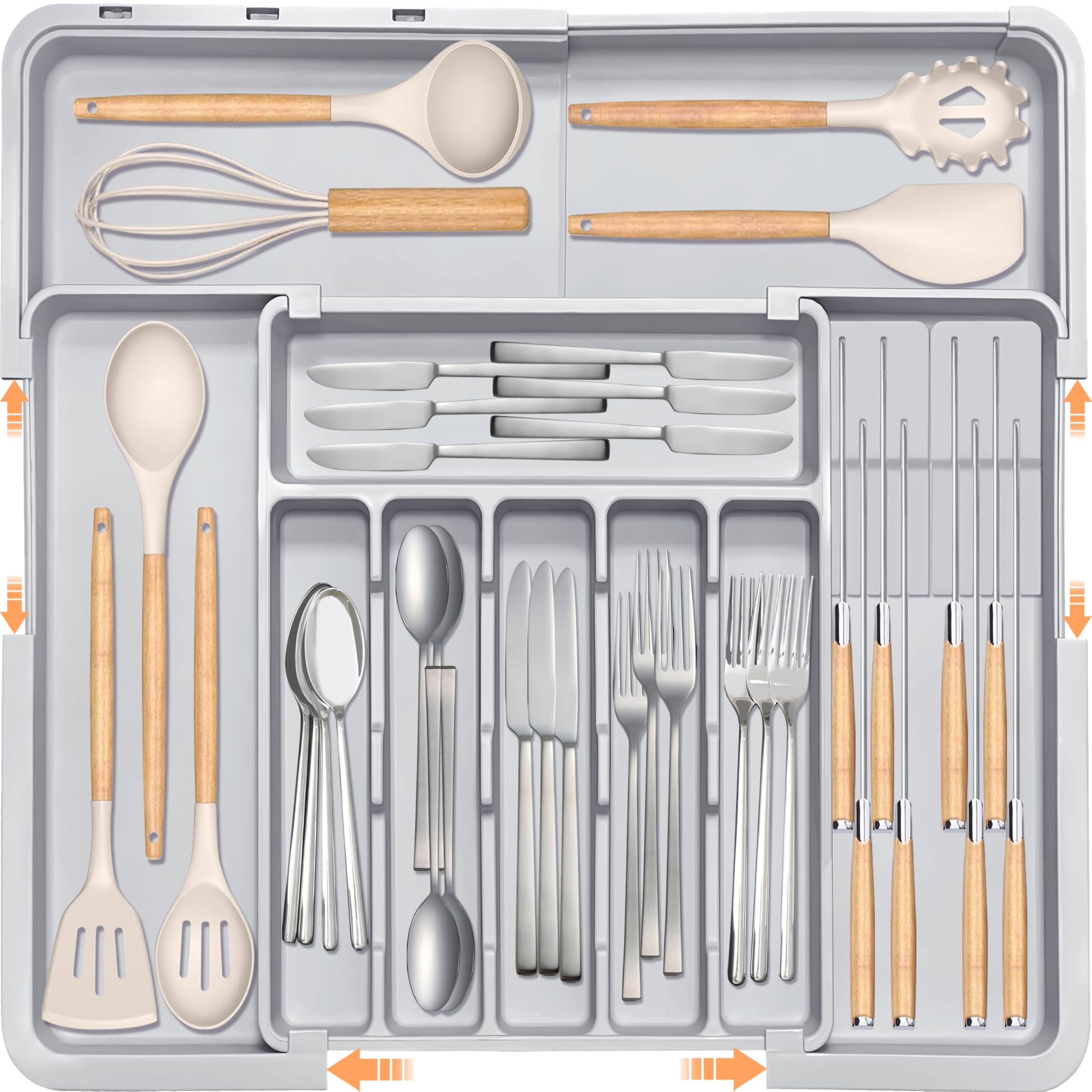 Photo 1 of (USED/FAIR) Silverware Drawer Organizer for Kitchen, Adjustable Utensil Drawer Organizer with 2 Knife Block, BPA Free Flatware and Cutlery Holder, Expandable Plastic Storage for Spoons Forks Knives(Grey)