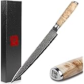 YOUSUNLONG Yanagiba Sashimi Knife 10 Inch - Japanese Damascus Steel Hammered Texture & Double-Edged Blade for Sushi & Fish Slicing, Burl Wood Handle & Sheath - Gift for Chefs