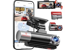 TERUNSOUL 4K+4K+1080P 3 Channel Dash Cam Front and Rear with Cabin, Free 128GB Card Included, WiFi 6 - up to 20MB/s, IR Night Vision, Built-in GPS, G-Sensor, 170°Wide Angle, 24H Parking Mode, Support 512GB Max