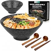 NJCHARMS 60 oz Ceramic Ramen Bowl Set of 2, Extra Large Black Japanese Noodle Soup Bowls with Spoons &amp; Chopsticks, Microwavable Pho Bowls for Udon, Miso, Saimin, Pasta, Salad, Oatmeal, Dishwasher Safe