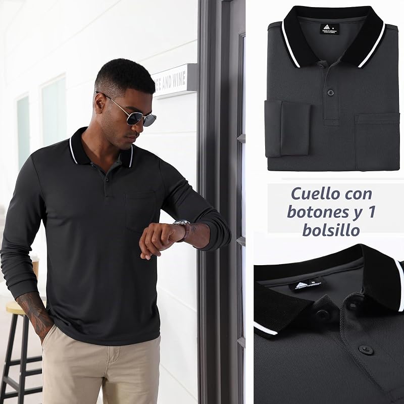 Polo para Hombre Polo Manga Larga Camiseta de Golf Trabajo Transpirable T Shirt con Bolsillo Primavera Otoño Camisetas de Senderismo Pesca,Gris Oscuro,M — foto 5 de 7