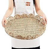 Tiangrid Large Round Wicker Scalloped Serving Tray 20 Inch Hand Woven Scalloped Design Edge Round Rattan Tray with Handles for Coffee Table Living Room Decor and Organizer(Seagrass)