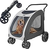 HTLPET Extra Large Dog Stroller for Medium & Large Pets - Foldable Design, Adjustable Handle, Up to 130 lbs(Grey)