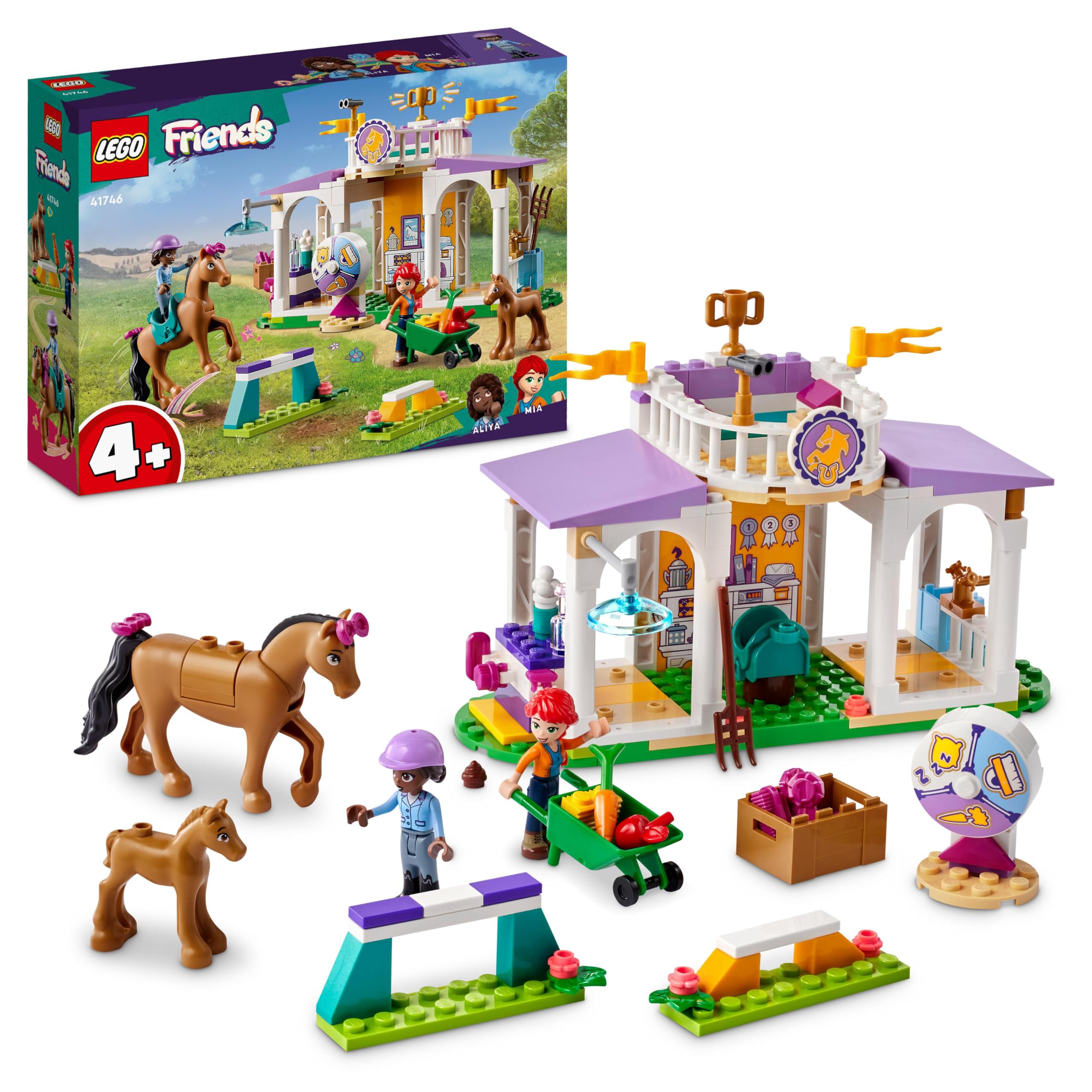 LEGO Friends Horse Training Pony Stable Set with 2 Toy Horses, Aliya and Mia Mini-Doll Figures, Animal Care Gift for Kids, Girls and Boys Aged 4 Plus 41746