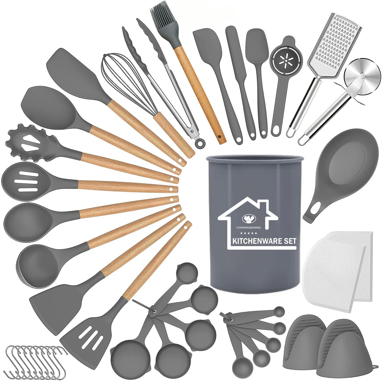 UXIYI Silicone Kitchen Utensils Set, 43pcs Silicone Kitchen Cooking Utensil Set, Kitchen Tools Spatula Set with Holder for Cooking Nonstick,Grey