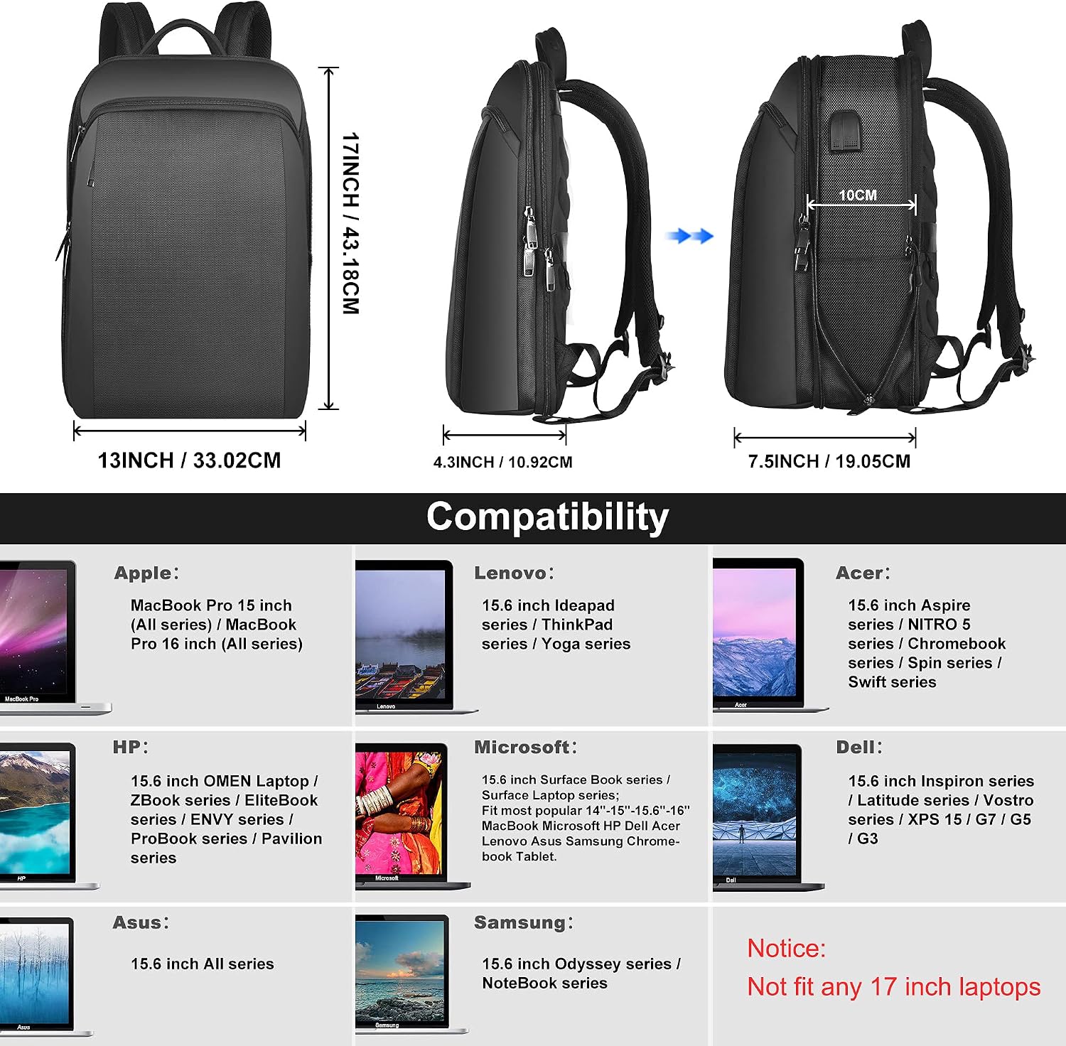 ZINZ Slim and Expandable 15 15.6 16 Inch Laptop Backpack Anti Theft Business Travel Notebook Bag - Image 3