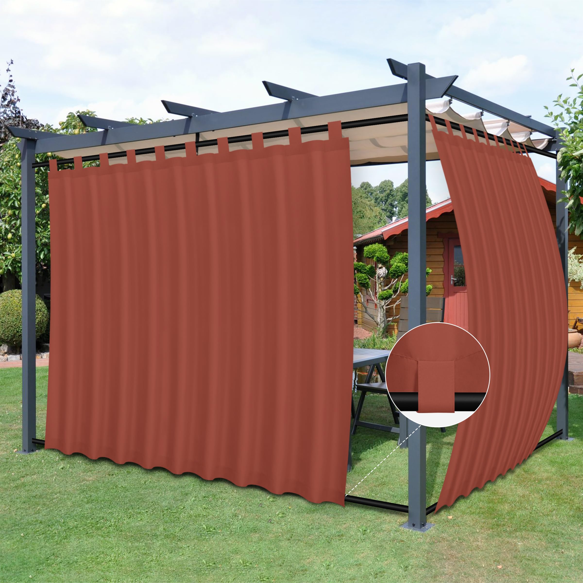 Easy-Going Outdoor Patio Curtains Detachable Tab Top Windproof Weatherproof Curtain for Cabana, Porch, Pergola and Gazebo, Tab Bottom Drape, 2 Panels, 110W x 108L inch, Terra Red Image