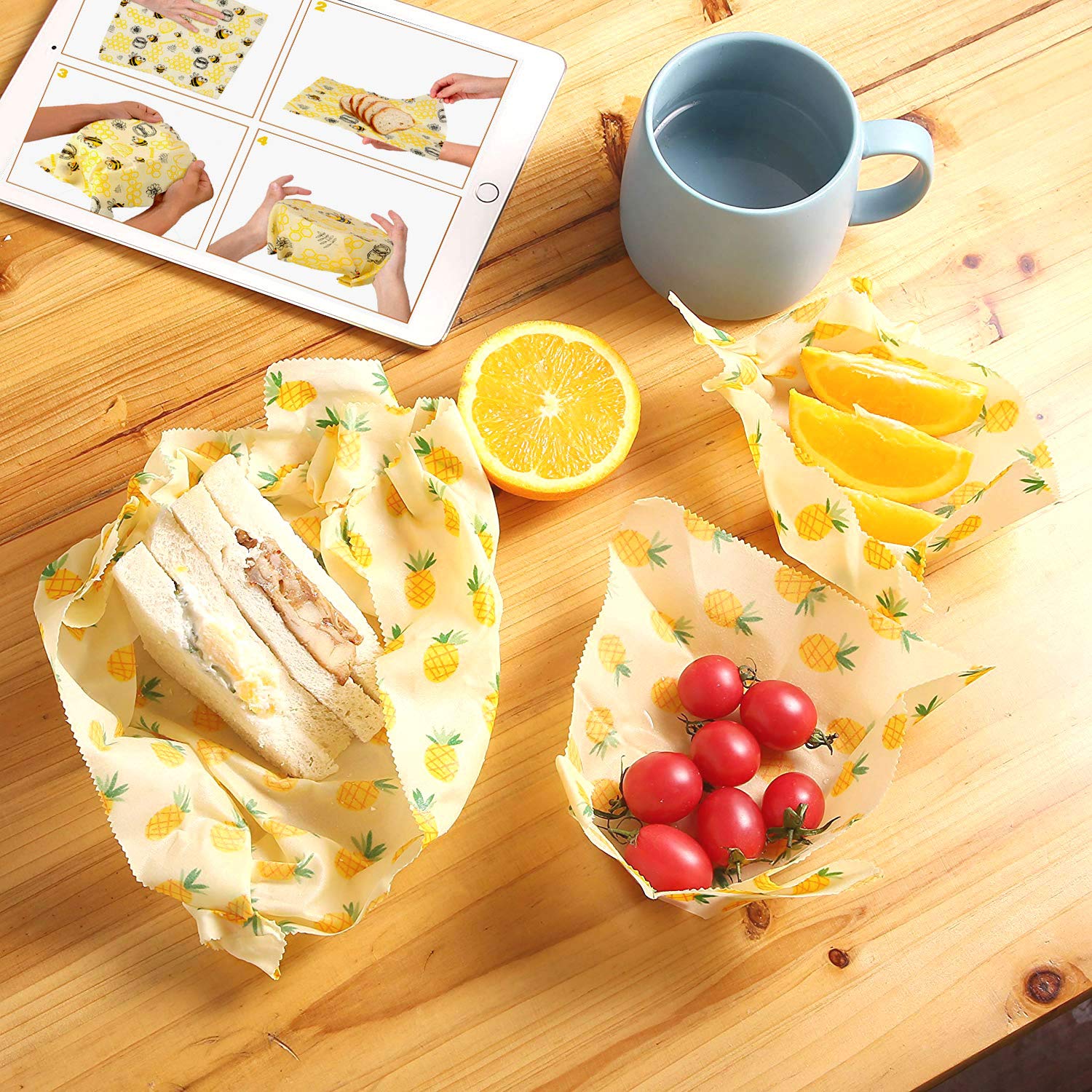 Beeswax Warp Wachspapier, 6er Set Wiederverwendbare Bienenwachstücher Bio Bienenwachs Lebensmittelverpackung Verschiedene Größe für Obst, Gemüse und Brot waschbare