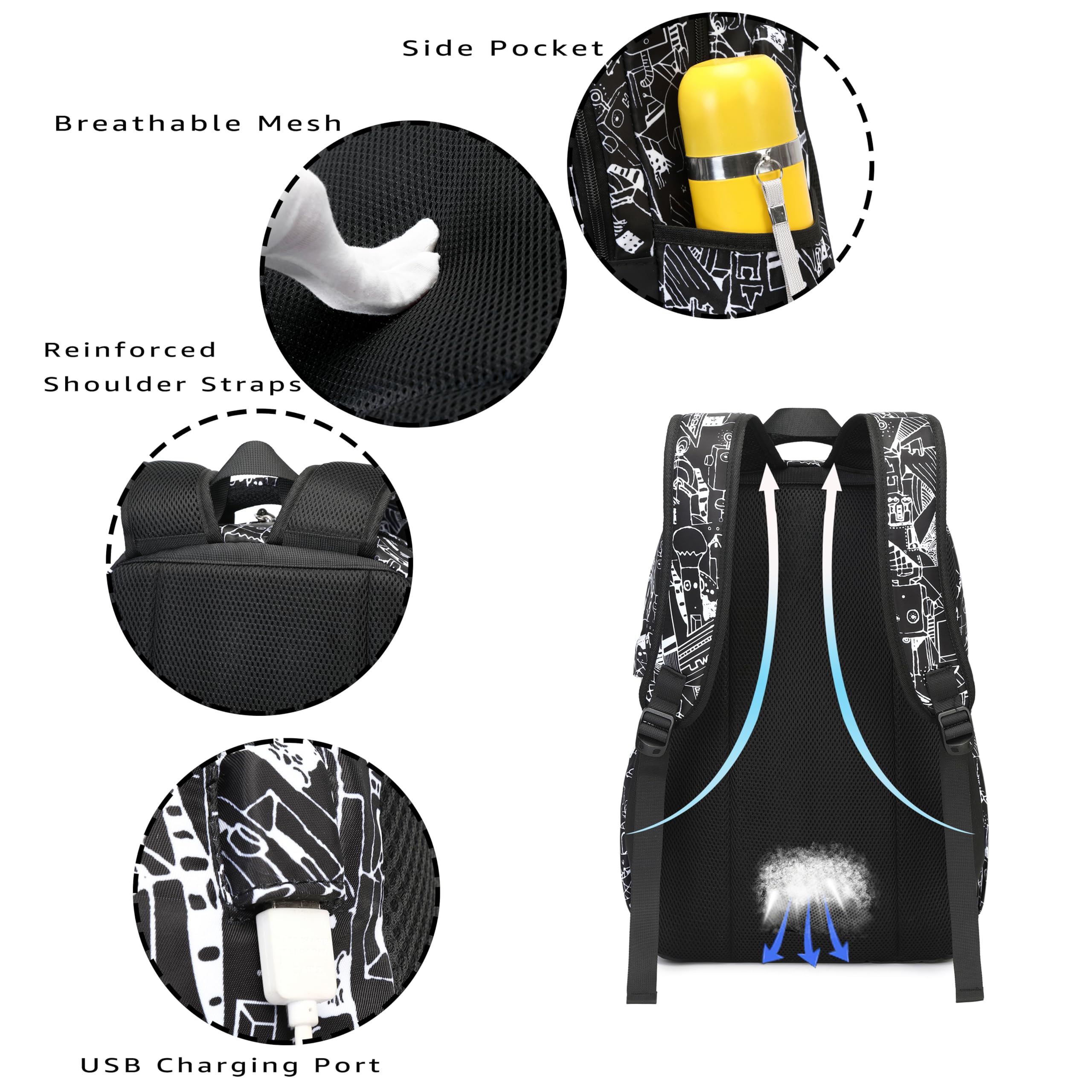 Asge Large Nylon Backpacks for Boys & Girls, Waterproof Satchel with Print, School Bags for 8-16 Years