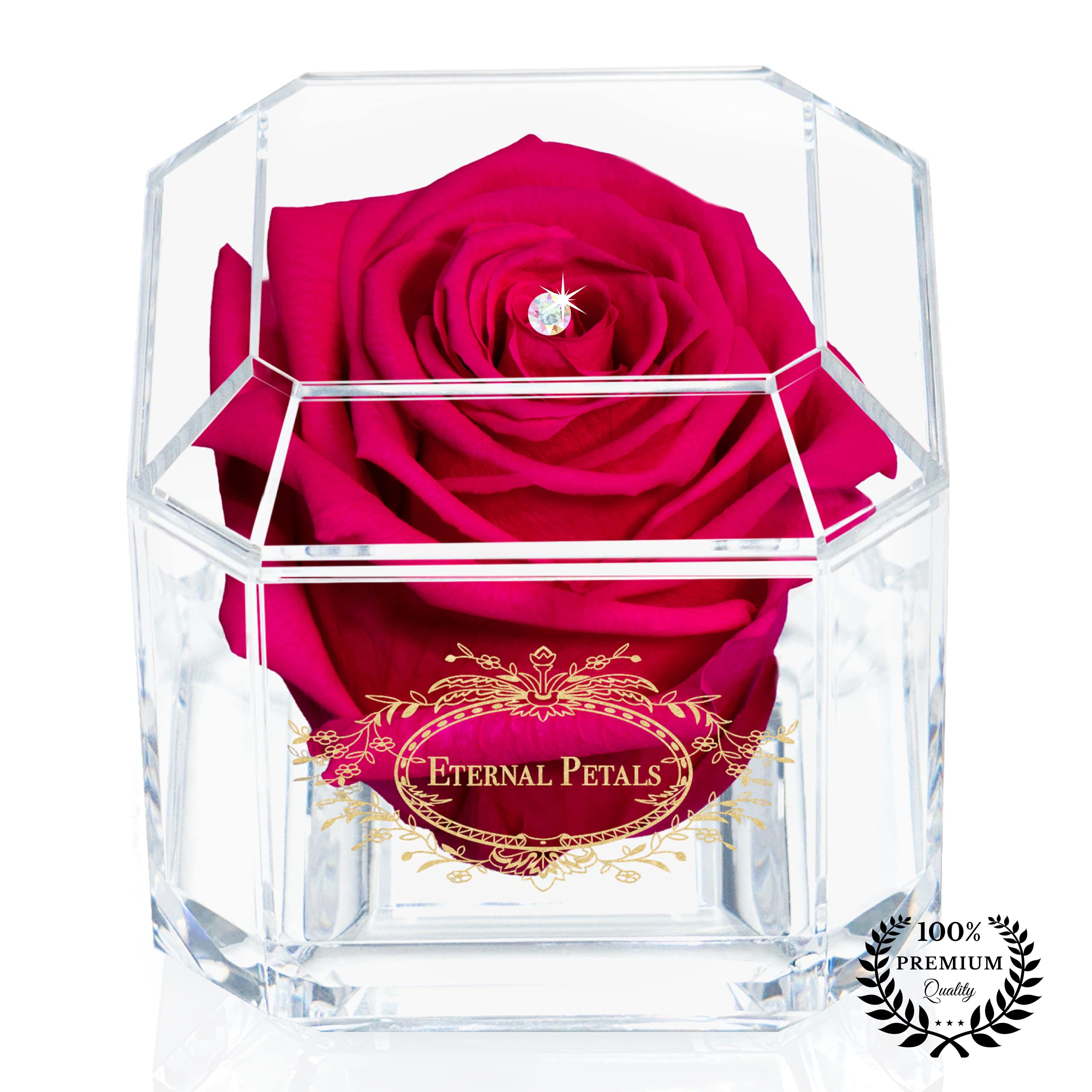 A 100% Real Rose That Lasts Years - Eternal Petals, Handmade in UK – Gold Solo with A Multicolour Crystal (Fuchsia)
