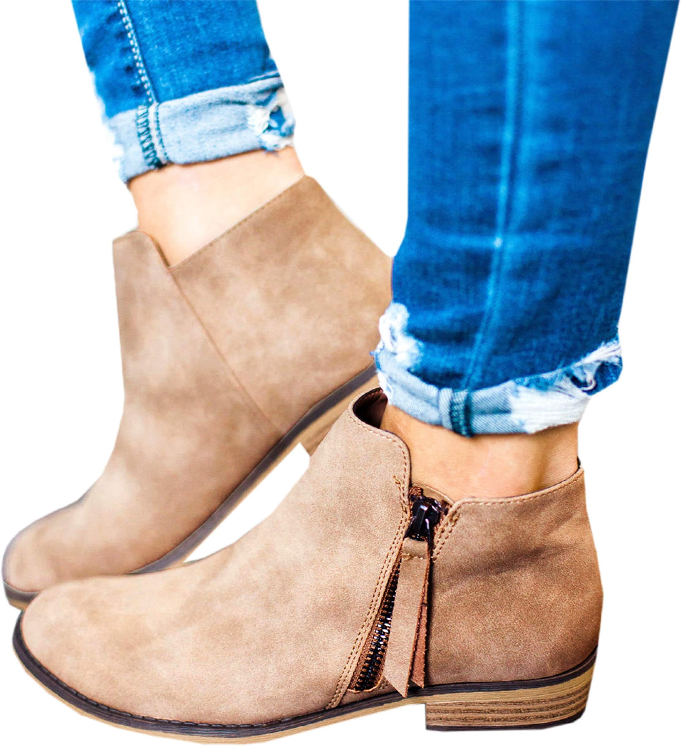 Mafulus Womens Ankle Boots Round Toe Faux Leather Stacked Low Heel Side Zipper Winter Booties