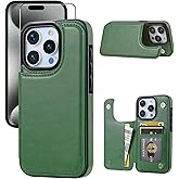 JOYAKI Compatible with iPhone 15 Pro 6.1” Wallet Case +1 Screen Protector, Slim Protective case with Card Holder, PU Leather Kickstand Card Slots Case-Grass Green
