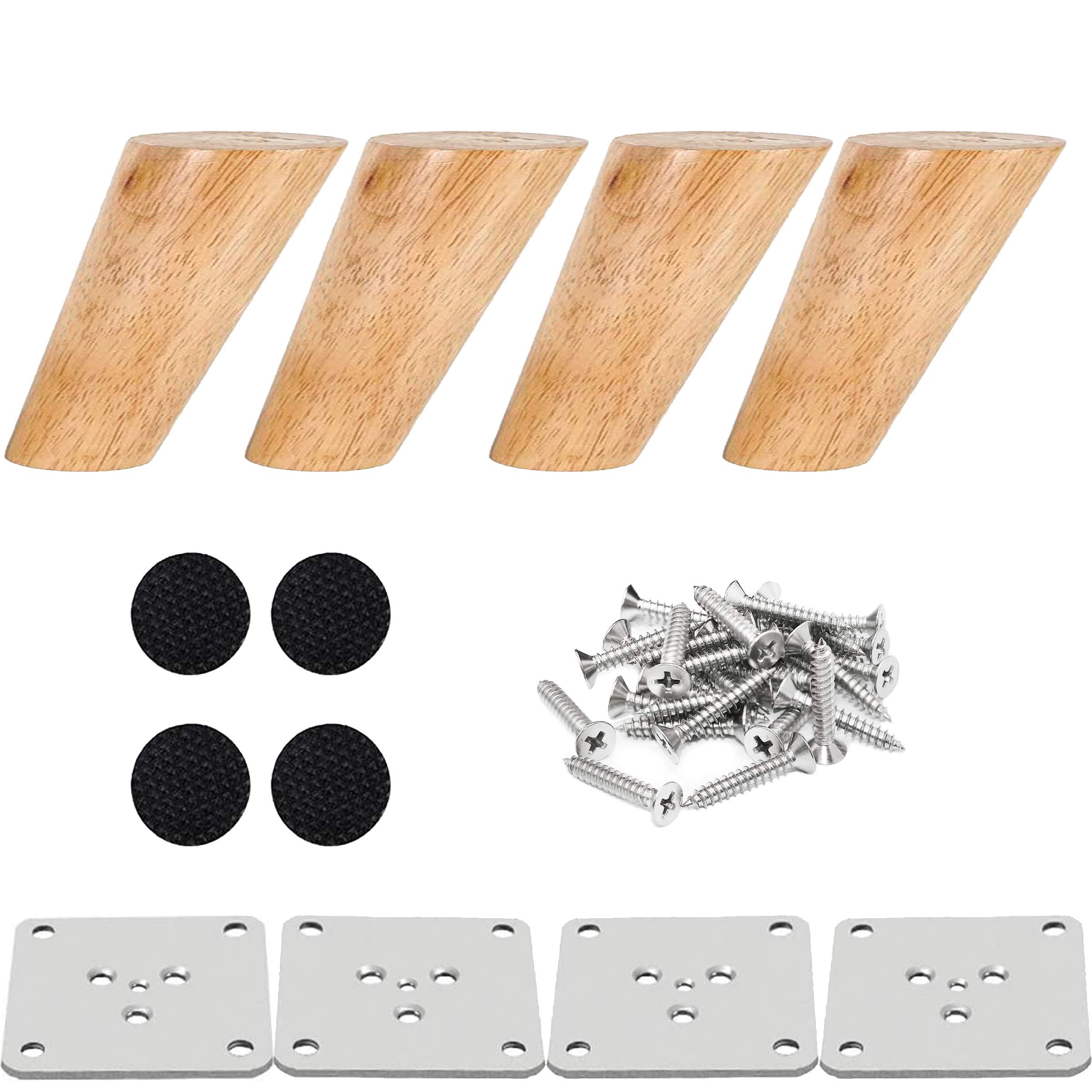 Drenky Furniture Legs, Solid Wooden Sofa Legs Set of 4 Heavy Duty 8cm Oblique Tapered DIY Replacement Feet with Mounting Plate Screws and Anti-Slip Protector for Bed, Chair, Cabinet