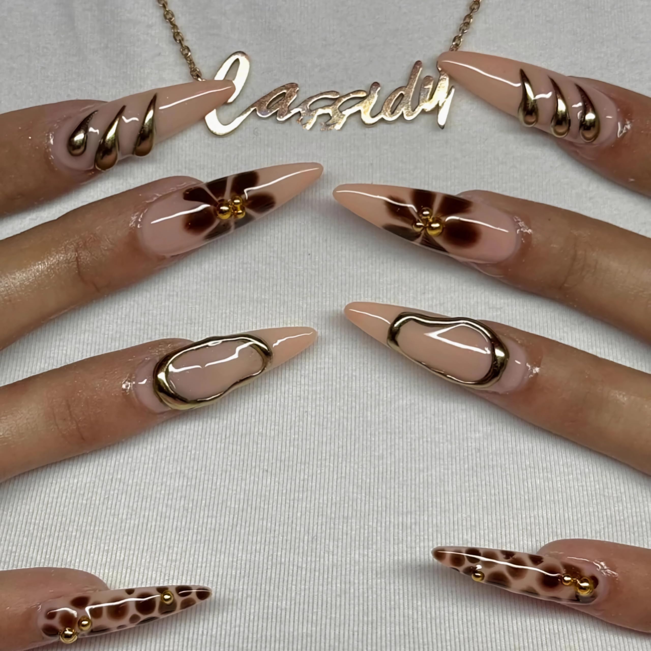 BABALAL Press on Nails Medium Almond Fake Nails Brown Glue on Nails Fall Flower 3D Gold Texture Design Acrylic Nails 24Pcs Handmade Stiletto Stick on False Nails - Image 3