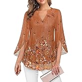 VALOLIA Women's 3/4 Sleeve Floral Tunic Tops V Neck Double Layers Loose Fit Mesh Blouses Shirt
