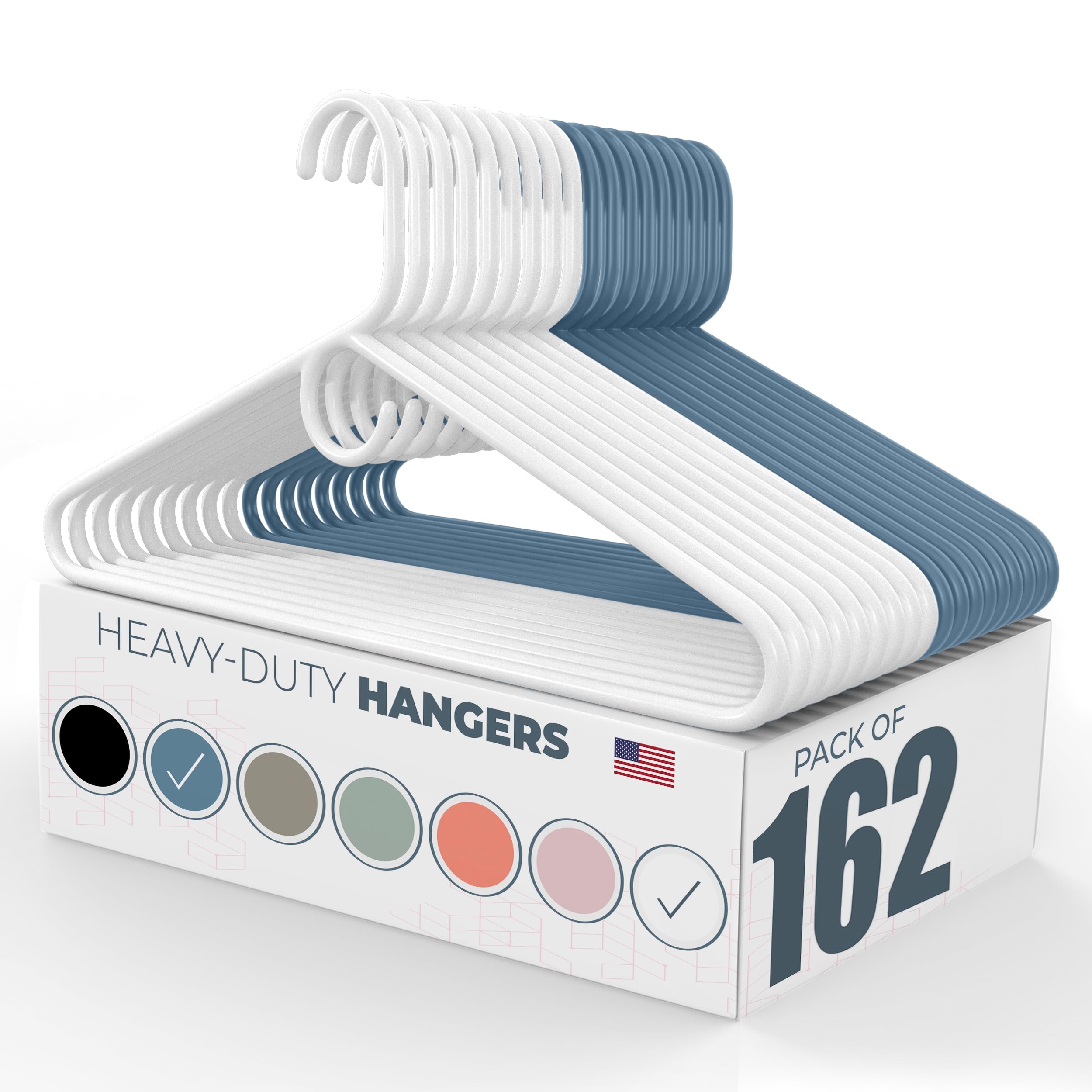 Neaties Heavy Duty Clothes Hangers 100+ Pack (162 Count) – Made in The USA – 8lb Capacity Plastic Hangers for Adult Clothing – Durable for Pants, Coats, Jackets, or Jeans – White & Blue Image