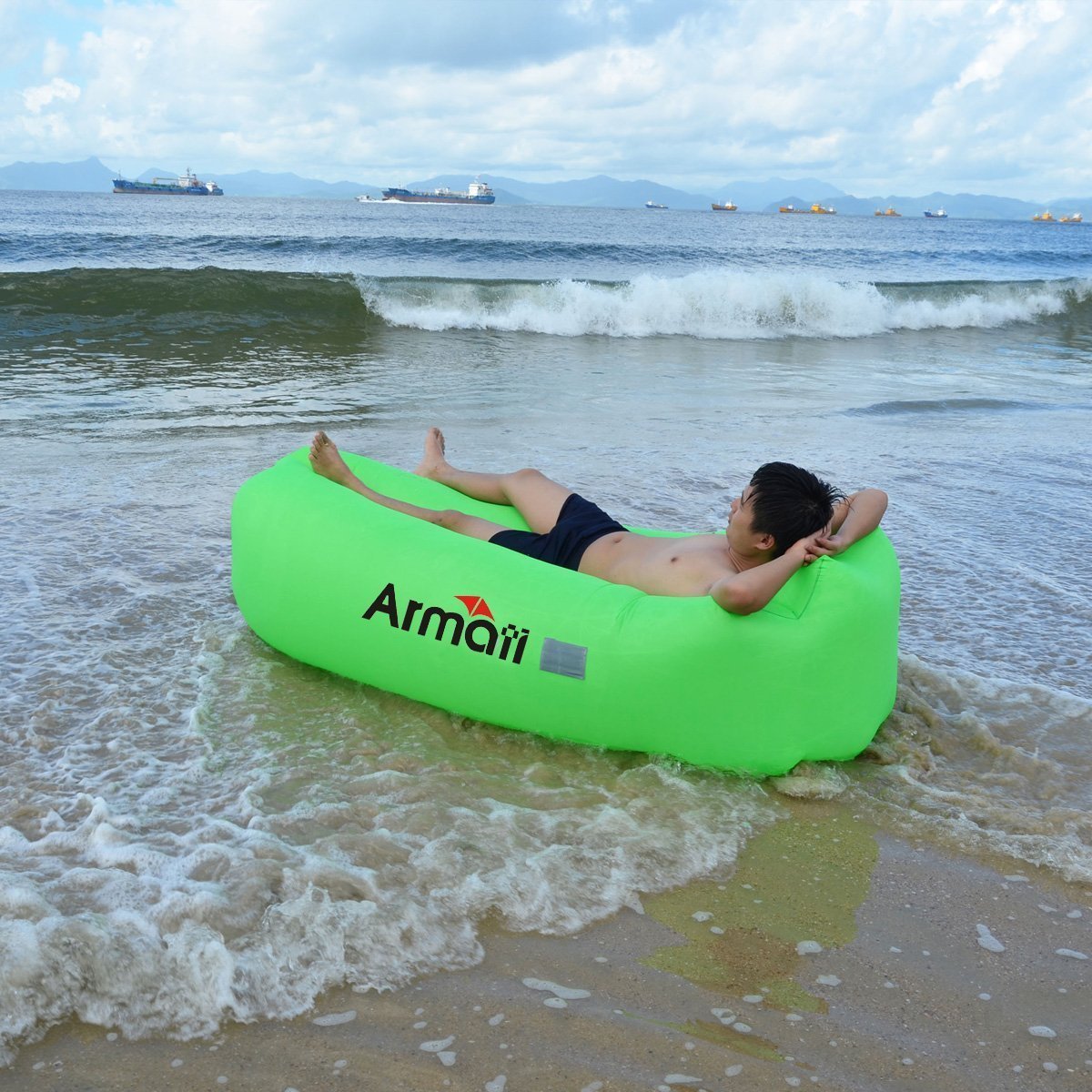 Armati Inflatable Lounger Patented Comfortable Headrest, Indoor or Outdoor Air Sofa, Camp Bedding, Hammock,Air Mattress with Carry Bag, Securing Stake and Bottle Opener (apple green)