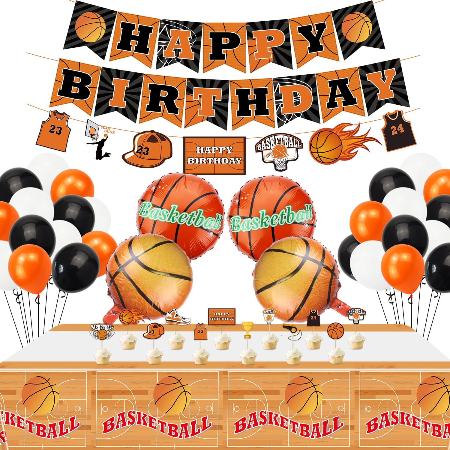 Basketball Party Decorations - Including HAPPY BIRTHDAY Banners, 4 Basketball Foil Balloons, Cake Toppers, Balloons Basketball Theme Birthday Party Supplies for Kids, Boys, Girls (A)
