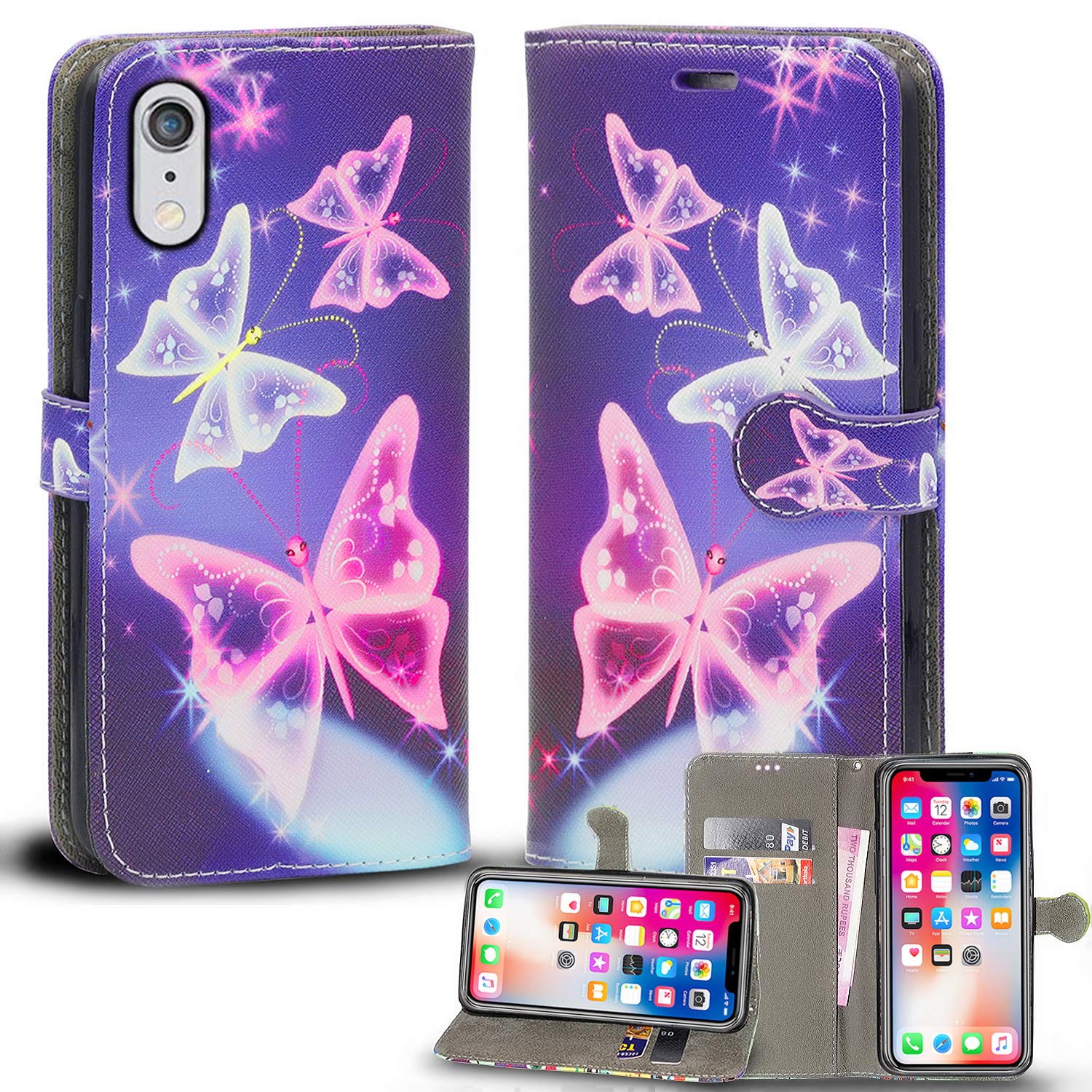 Mobile Stuff iPhone XR Leather Wallet Case - Folio Flip Book Cover with Magnetic Clasp Closure - Adjustable Viewing Stand (iPhone XR, Butterfly Blue)