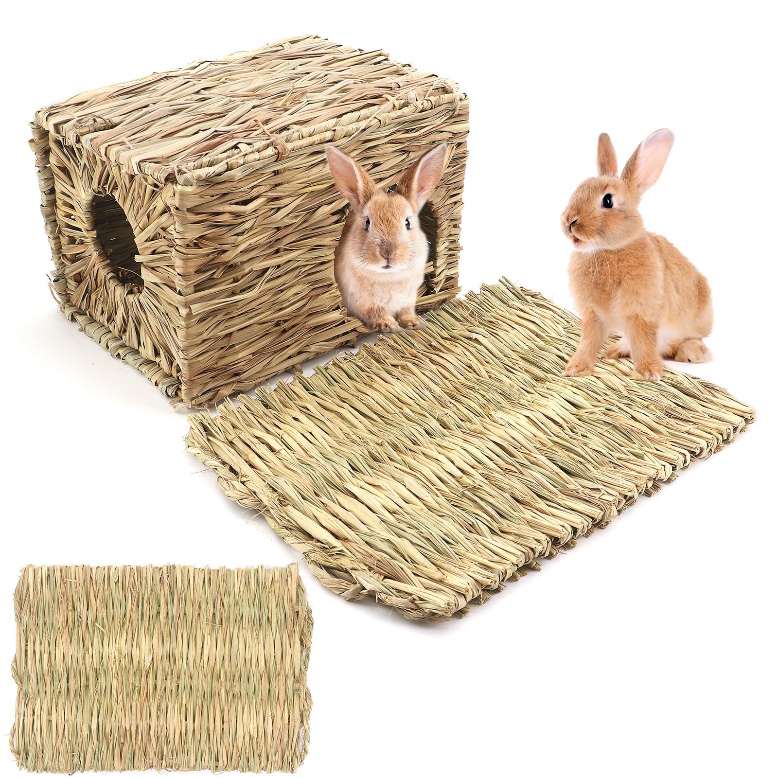 Gearific Grass House for Rabbit, Hand Crafted Natural Grass Foldable Bed Hut, Edible Natural Grass Hideaway, Hideout Hut Toy Playhouse for Bunny, Guinea Pigs, Chinchilla, Small Animals