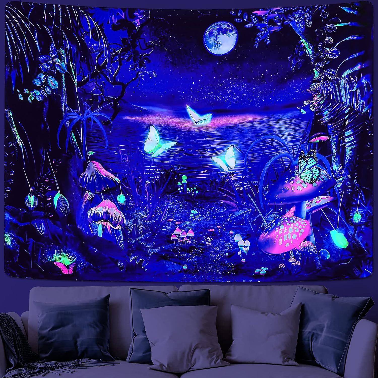 Tapestries - MitoGadget Blacklight Fantasy Forest Tapestry Trippy Tapestry UV Reactive Butterfly Moon Aesthetic Tapestry Galaxy Space Tapestries Wall Hanging Decor for Bedroom Living Room 59.1ʺ x 51.2ʺ