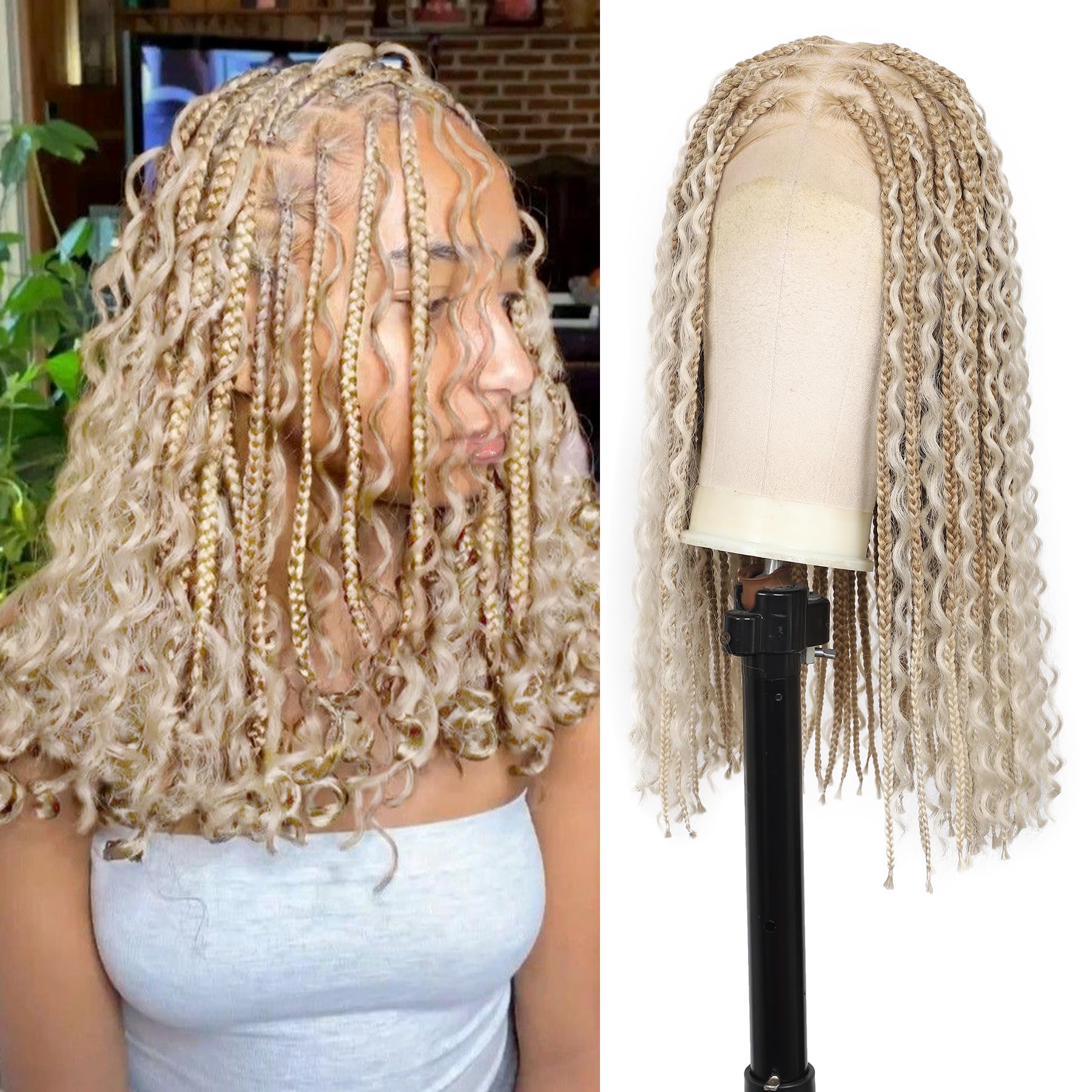 Photo 1 of Brinbea 18'' 360° HD Full Lace Short Braided Wigs for Women Knotless Boho Braided Wigs with Baby Hair Box Braid Wig Premium Synthetic Braided Lace Front Wigs Blonde