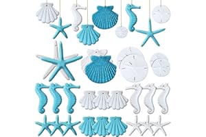 Jetec 26 Pcs Resin Starfish Ornaments Bulk Beach Wedding Bathroom Wall Decor Seashell Sand Dollars Beach Coastal Theme Summer Tree Fish Net Decor