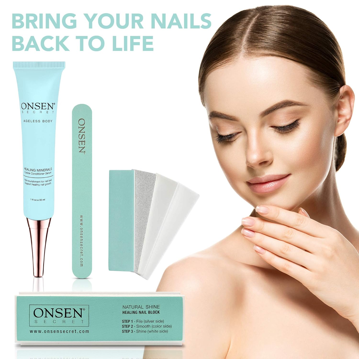 Onsen Japanese Nail Buffer and Shine Kit - Professional Nail File, 3-Way Nail Buffer Block with Free Replacement Pads and Nail Strengthening Cuticle Cream for Healthy Nails, Travel Size Nail Care Kit : Beauty