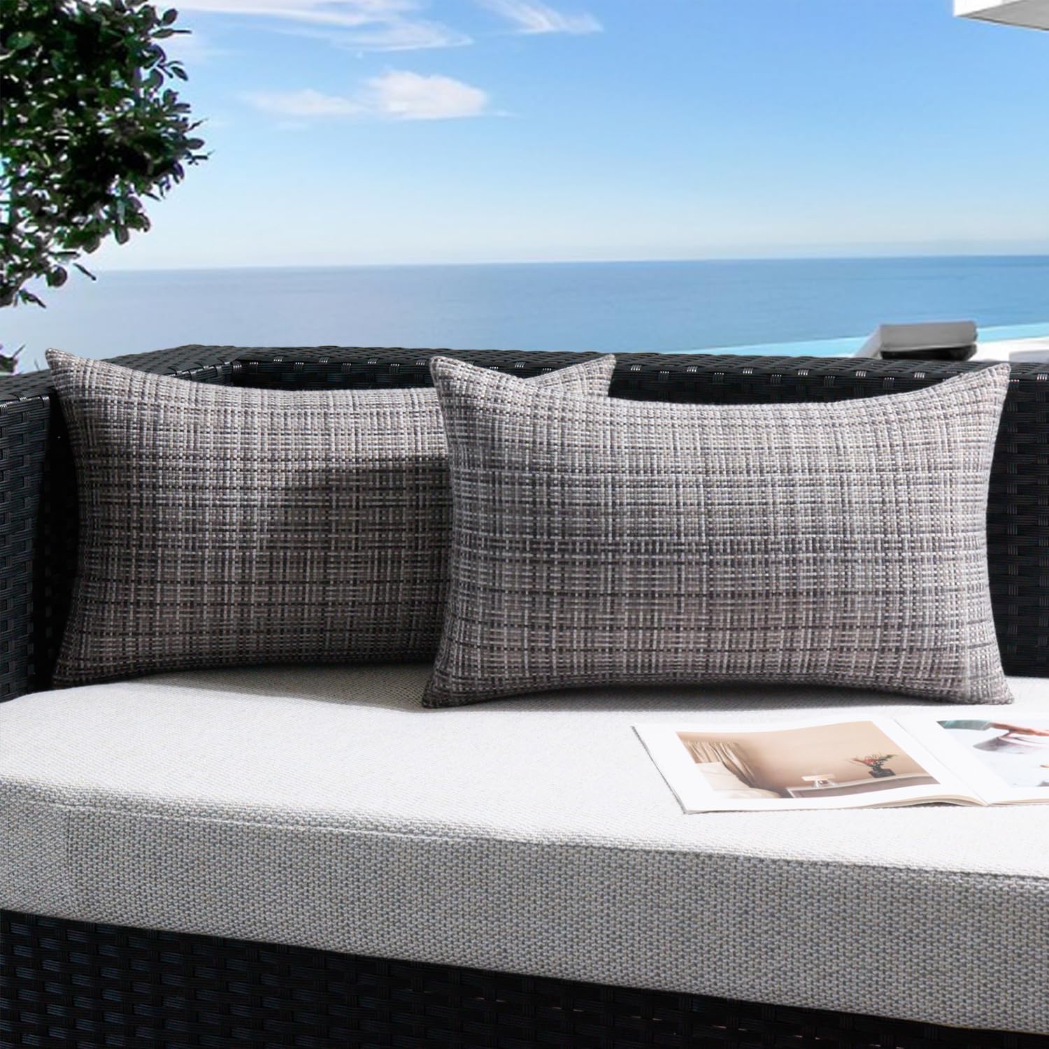 Photo 1 of UGASA Outdoor Waterproof Throw Pillow Covers Pack of 2 Patio Water Resistant Pillow Cases Summer Woven Texture Decorative for Outside Garden Porch Yard Bench Tent 12x20 Inch, Grey