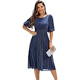 Ever-Pretty Women’s Glitter High Stretch Round Neck Midi Spring Summer Semi Formal Dresses Cocktail Wedding Guest Dress 02561