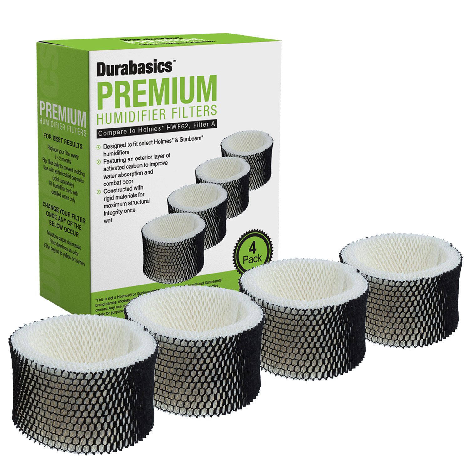 Durabasics 4 Pack of Compatible Humidifier Filters, Replacement for Holmes HWF62, Filter A, Also Fits HWF62CS and Many Sunbeam Humidifiers