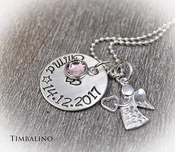 Taufschmuck, Taufkette mit Engel und Geburtsstein, mit Gravur