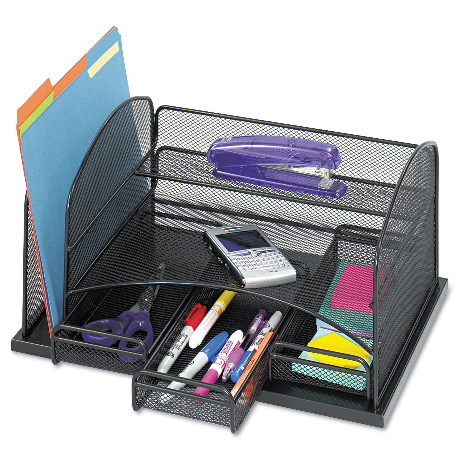 Safco 3252BL Onyx Mesh Desk Organizer with 1 Upright Section and 3 Drawers