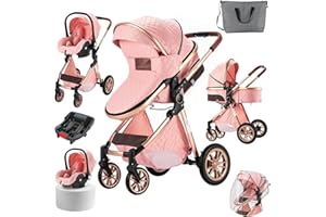 MAGIC ZC 3 in 1 Baby Stroller Travel System, Reversible Newborn Foldable Pram, Infant High Landscape Pushchair, Portable Standard Stroller, Reclining Buggy, Baby Carriage (UDV9-PINK with Base)