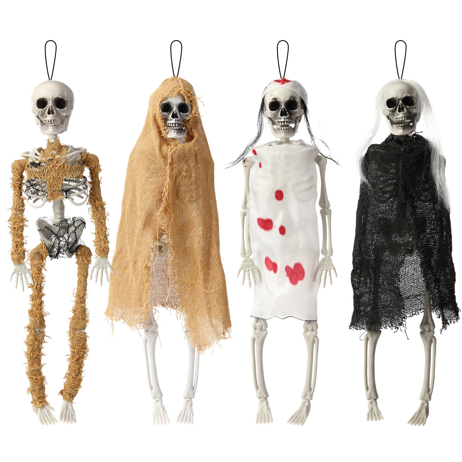 Photo 1 of Poen 4 Pack 16" Halloween Hanging Skeleton Decorations Small Full Body Posable Skeletons with Movable Joints Plastic Mini Spooky Decor for Halloween Party Haunted House Lawn Graveyard Props(Zombie)