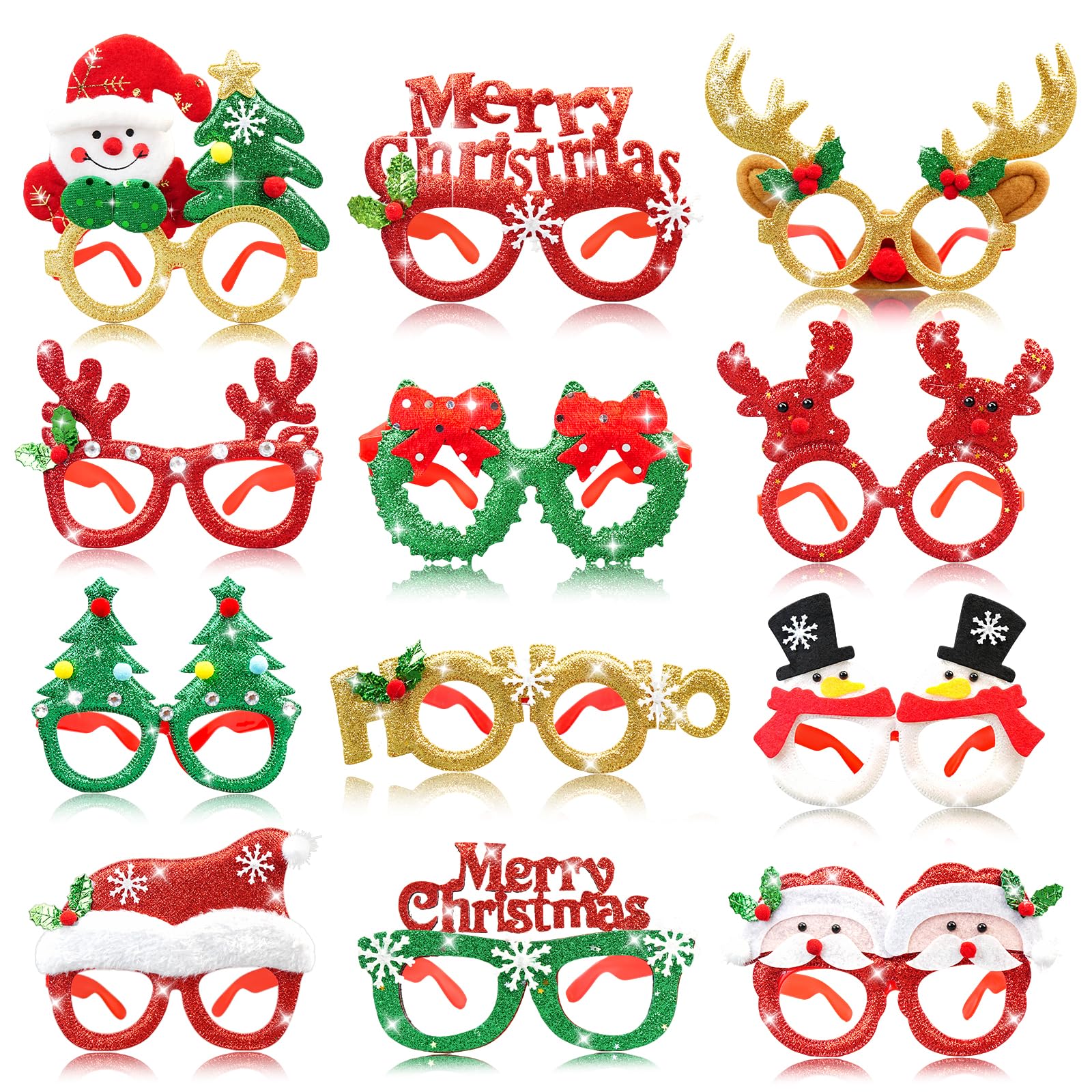 Qhpbuy 12 Pieces Christmas Glasses, Party Eyeglasses Decorations, Glitter Christmas Glasses Frame, Xmas Novelty Eyeglasses for Christmas Parties Accessories, Xmas Party Gifts for Kids and Adults
