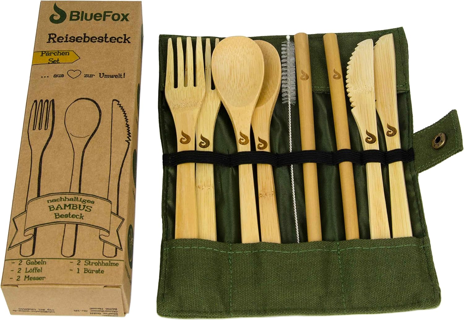 BlueFox Reisebesteck Bambus für 2 Personen mit Etui, Campingbesteck Set nachhaltig & leicht ...