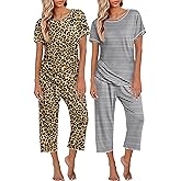 Ekouaer 2 Pack Womens Pajamas Sets Short Sleeve Tops and Capri Pants Pjs Colorful Printed Sleepwear Sets