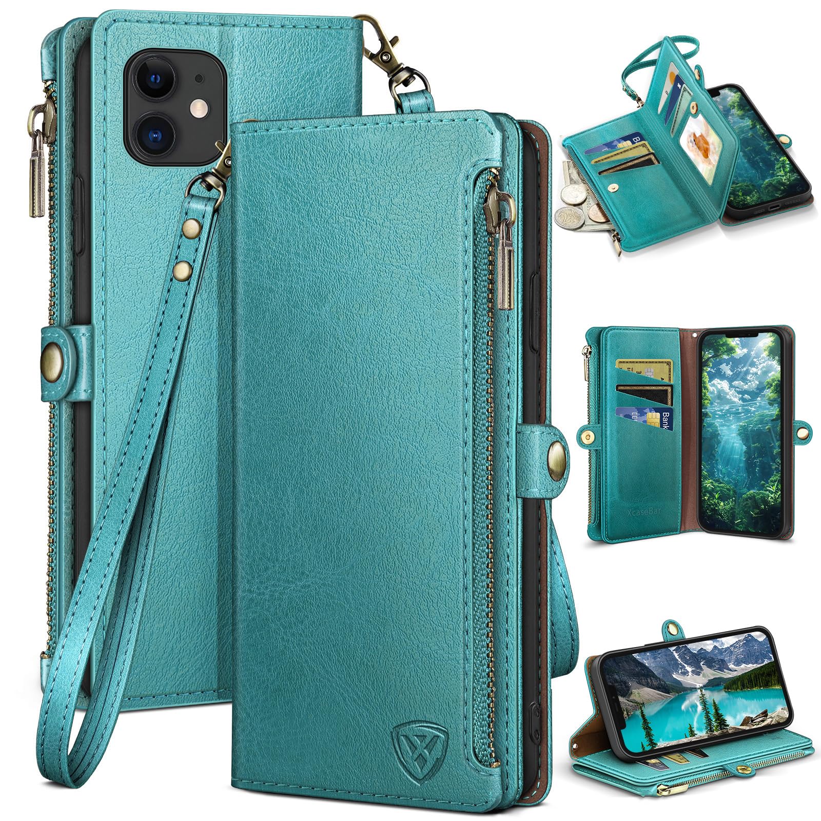 Photo 1 of XcaseBar for iPhone 12/12 Pro 6.1" Wallet case with Zipper Credit Card Holder?RFID Blocking?, Flip Folio Book PU Leather Phone case Shockproof Cover Women Men for Apple 12 case Blue Green