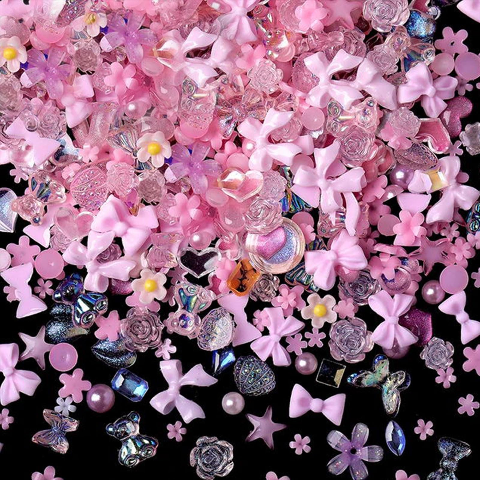 3D Nail Art Charms - 400 Pcs Multi Shapes Butterfly Flower Bear Bow Heart Rhinestones Gems Pearls for Decoration Jewelry Accessories DIY Crafts (Mixed-Aurora Pink) — image 1