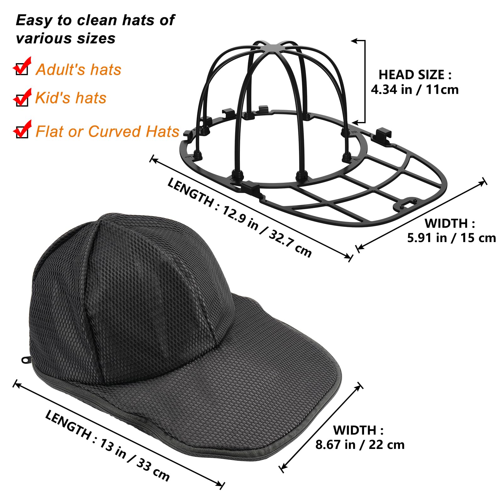 Fododo Hat Washer Cage for Washing Machine Ball Cap Washer Hat Cleaner for Baseball Caps Cleaning Rack Frame with Hat Laundry Wash Protector Bag for Hats Adults and Kids