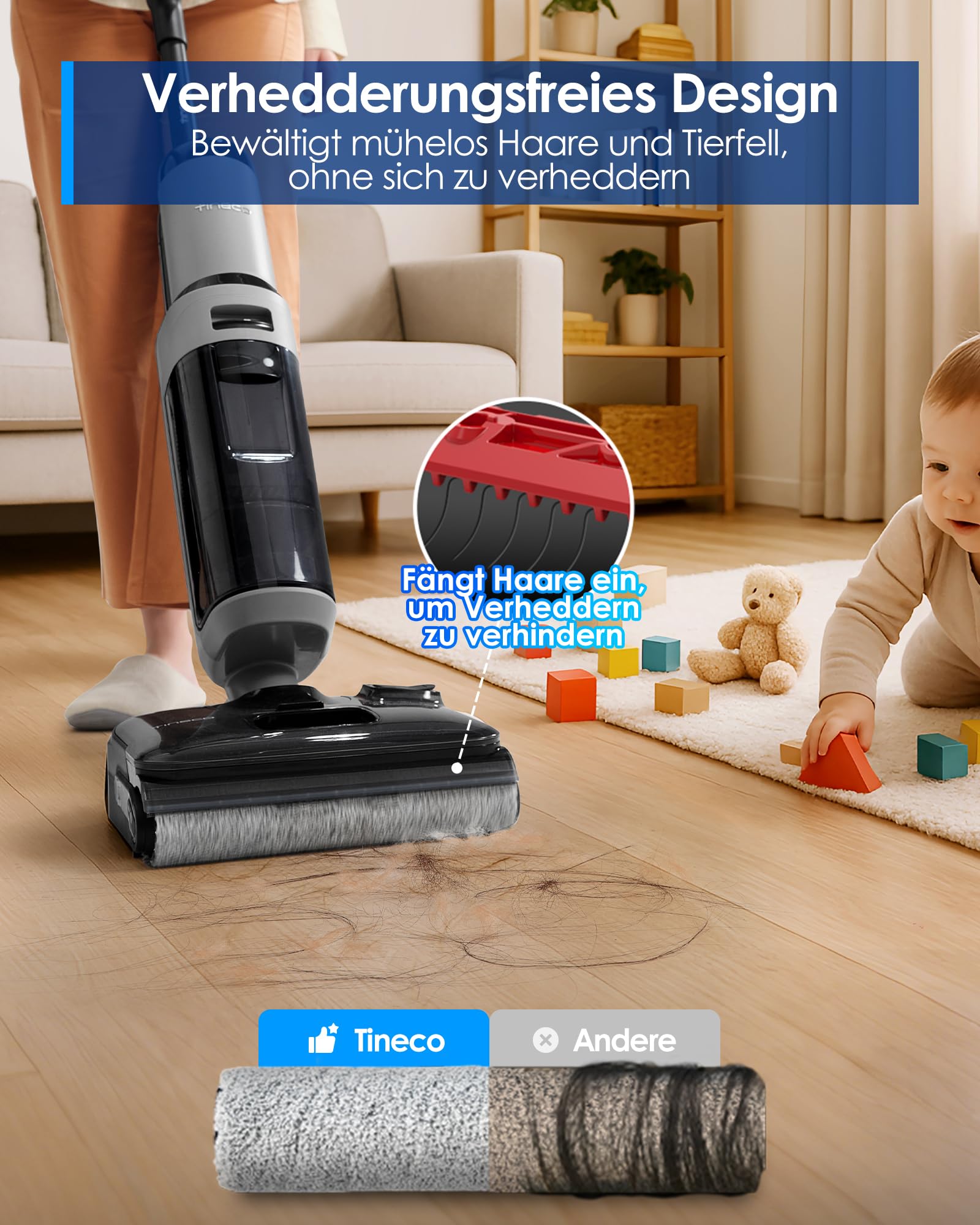 Tineco FLOOR ONE i5 Stretch Nass Trockensauger, 2‑in‑1 Saugen & Wischen, 180° Lay-Flat Waschsauger, 20kPa Saugkraft, Beidseitige Kantenreinigung, 30 Min Laufzeit, Anti-Tangle staubsauger für Tierhaare 5