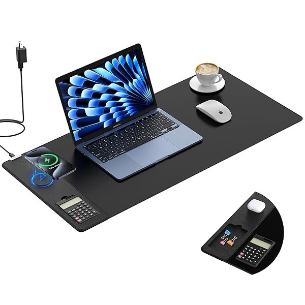 TOPMADE MOUSE PAD WITH 15W WIRELESS CHARGING, REMOVABLE 8-DIGIT SOLAR CALCULATOR, EXACT LARGE DESK PAD, WATERPROOF MOUSEPAD HOME OFFICE DESK MAT (INCLUDES 20W PD POWER ADAPTER & 6.56FT WOVEN CABLE)
