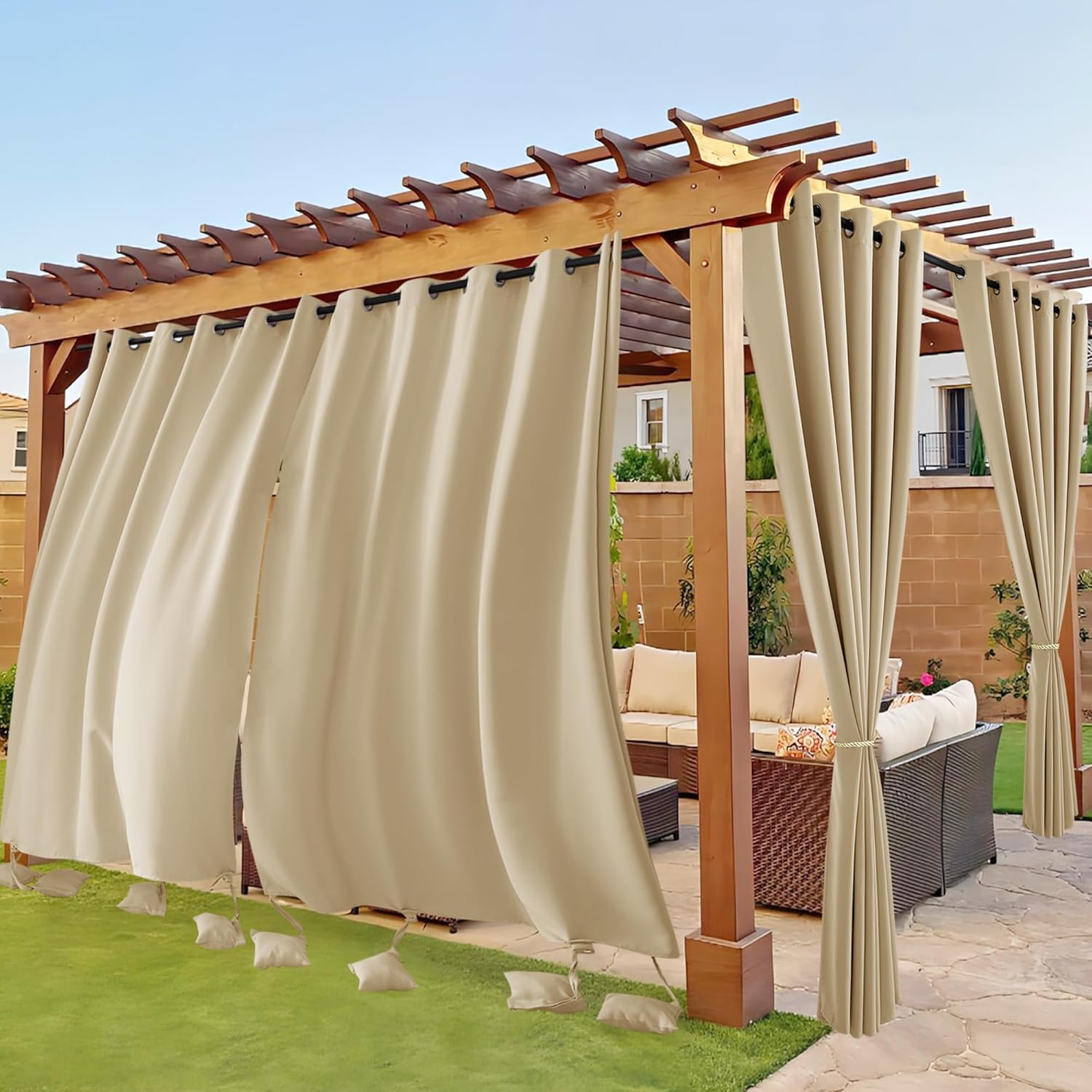 Outdoor Curtains - RYB HOME Outdoor Curtains Windproof - Waterproof Blackout Curtain with Weight Bags, Privacy Insulated Drapes for Patio Screen Porch Pergola Terrace Arbor, W 84