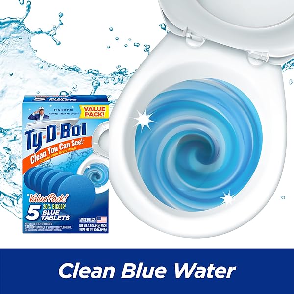 TY-D-BOL BLUE TABLETS VALUE 5 PACK, CLEANS AND DEODORIZER TOILETS FOR A FRESH SMELLING BATHROOM