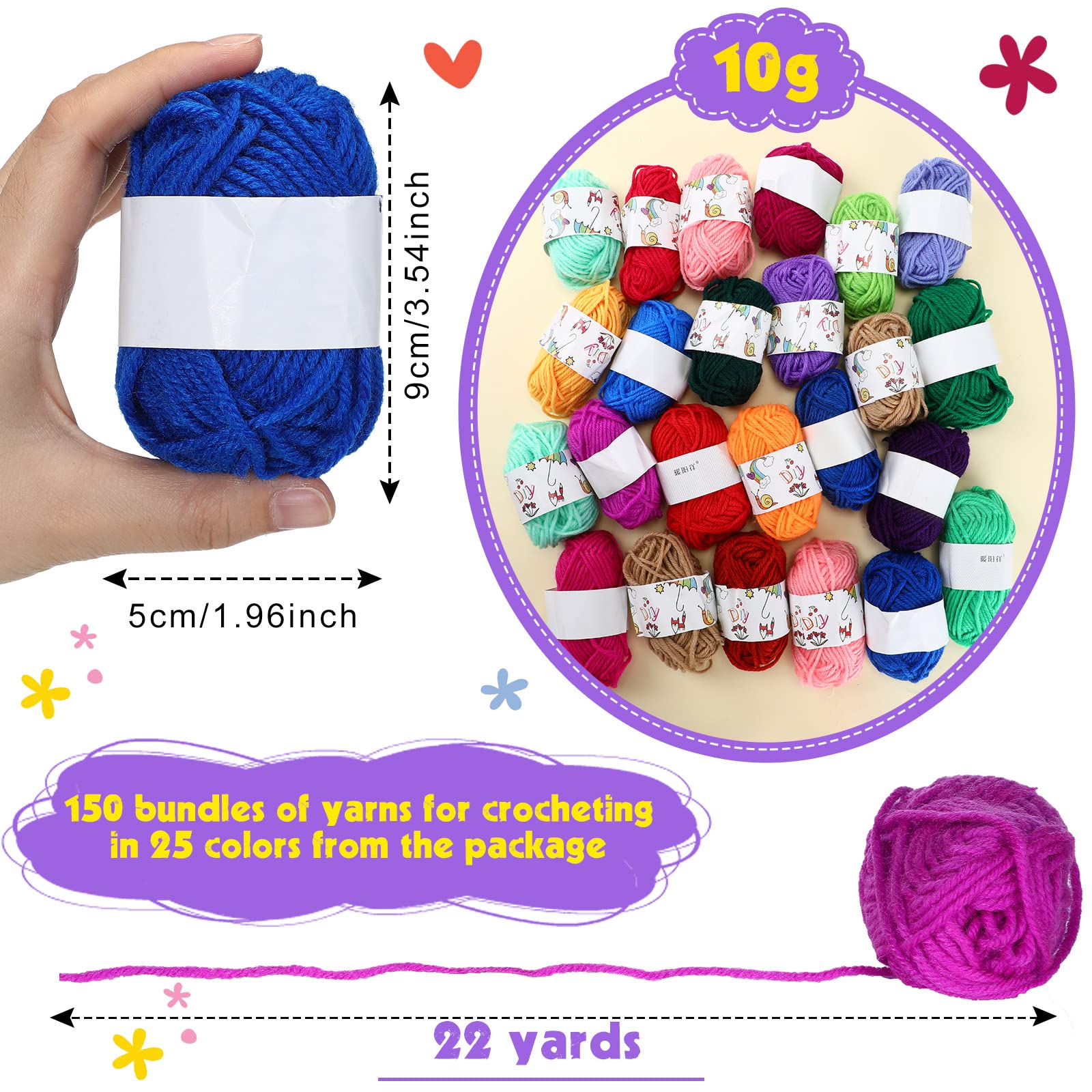 150 Rolls 10g Acrylic Crochet Yarns Skeins 3300 Yards in Total Soft Mini Assorted Colors Skeins Multicolor Yarn Skeins for Knitting Handcraft and Crochet Projecting Adults Beginner Kit