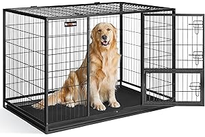Feandrea 48 Inch Heavy Duty Dog Crate, Metal Escape Proof Dog Kennel with Double Doors and Convenient Feeding Door, Removable Tray, Easy to Clean, XXL Dog Crate for Large and Medium Dogs, Black