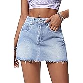 ELLEVEN Denim Skirt Women Mini Low Waist Stretchy Raw Hem Jean Skirt with Pockets
