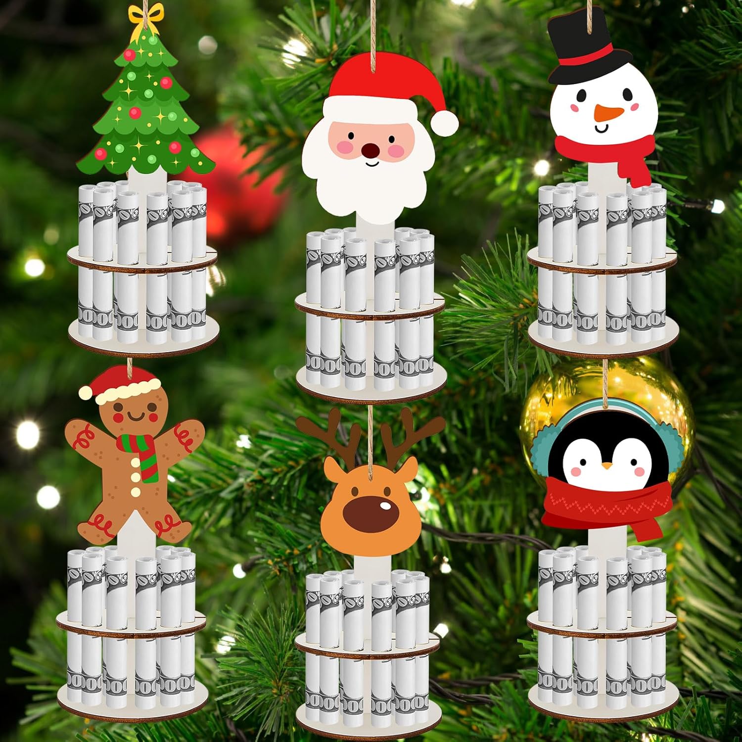 Tree Stands - Sanwuta 6 Pcs Wooden Christmas Money Holder for Cash Gift Handmade Cash Cake Merry Christmas Cash Holders with 12 Holes 2 Tiers Christmas Hanging Money Gift Holder for Party Placing Money